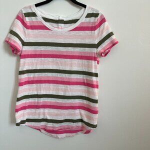 Talbots Striped Short Sleeve T-Shirt with Rounded Hem, Pink/Olive, Size Medium
